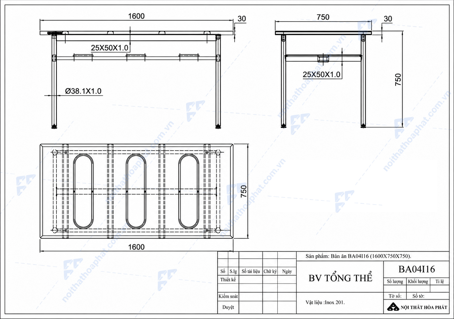 Bản Vẽ Thiết Kế B&agrave;n Ăn Inox BA04I16 H&ograve;a Ph&aacute;t