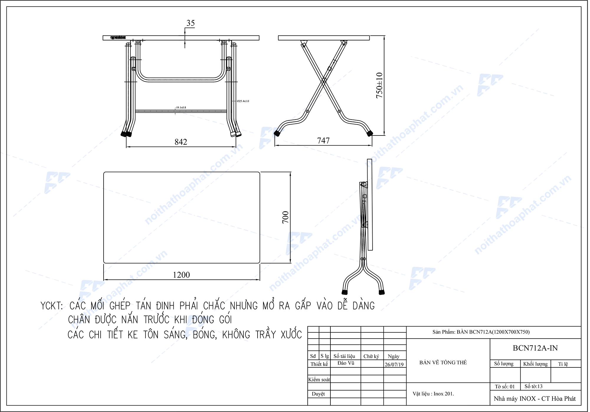 Bản vẽ thiết kế b&agrave;n ăn inox BCN712A H&ograve;a Ph&aacute;t
