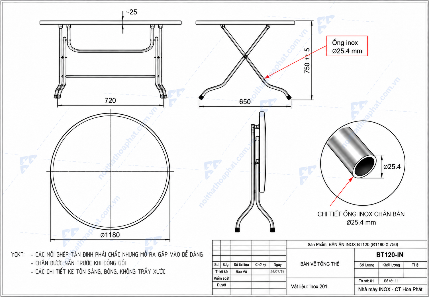 Bản Vẽ Thiết Kế Bàn Ăn Inox Chân Gấp BT120 Hòa Phát