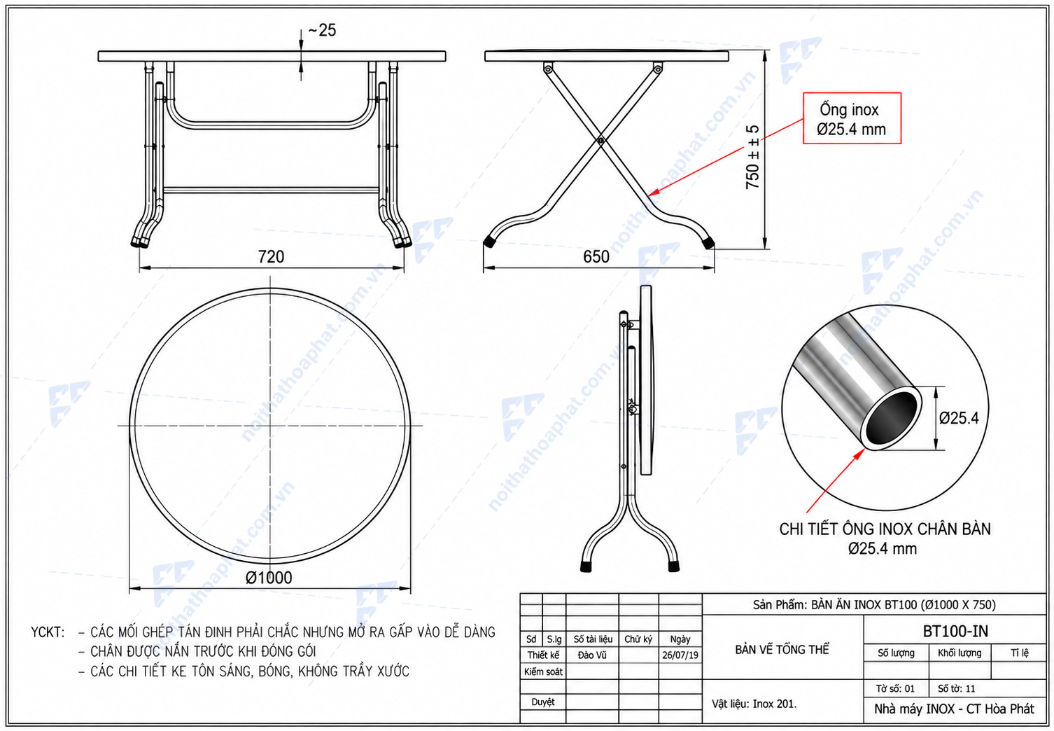 Bản Vẽ Thiết Kế B&agrave;n Ăn Inox Mặt Tr&ograve;n BT100 H&ograve;a Ph&aacute;t