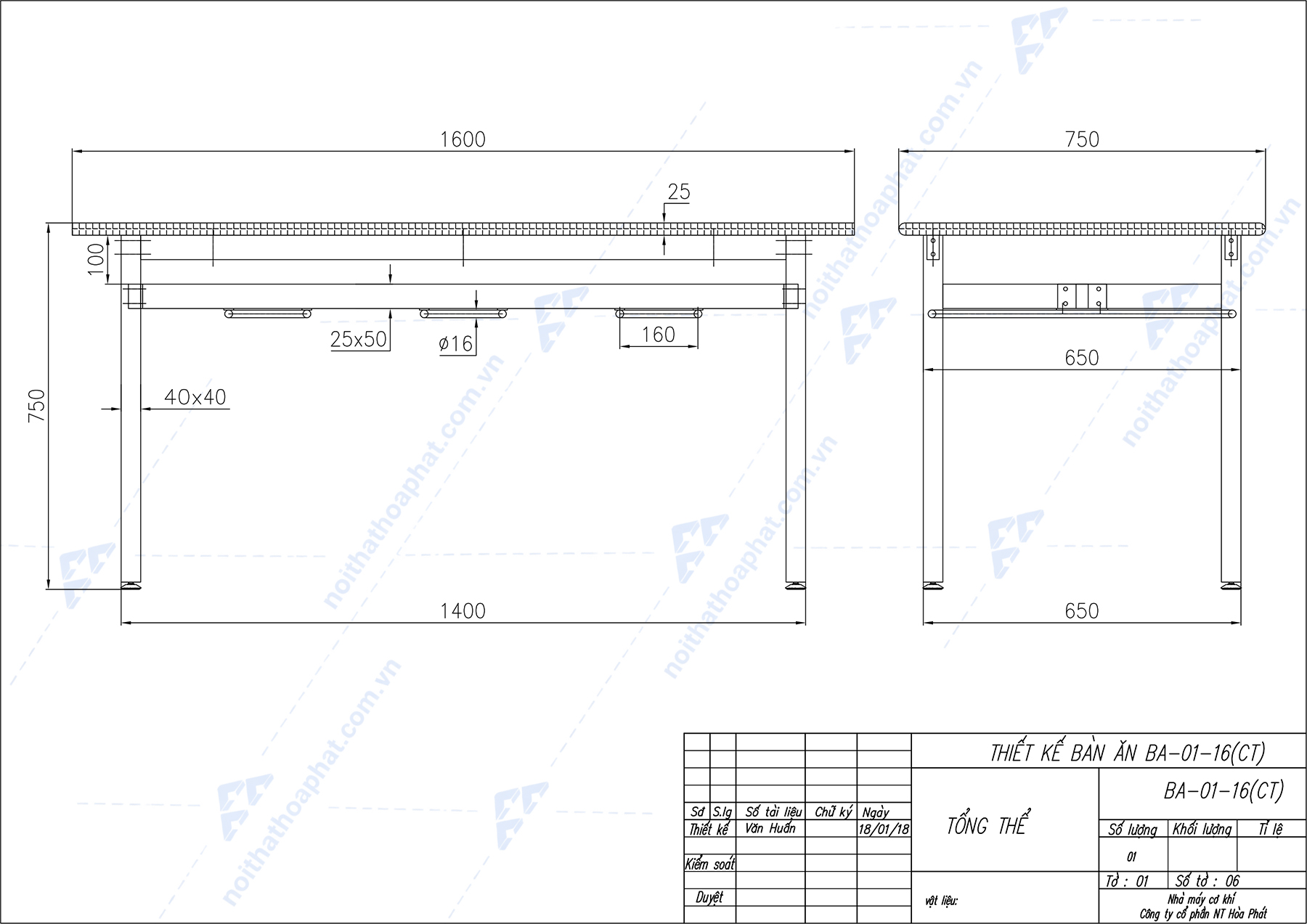 Bản Vẽ Thiết Kế B&agrave;n Ăn Khu C&ocirc;ng Nghiệp BA01-16 H&ograve;a Ph&aacute;t 1m6