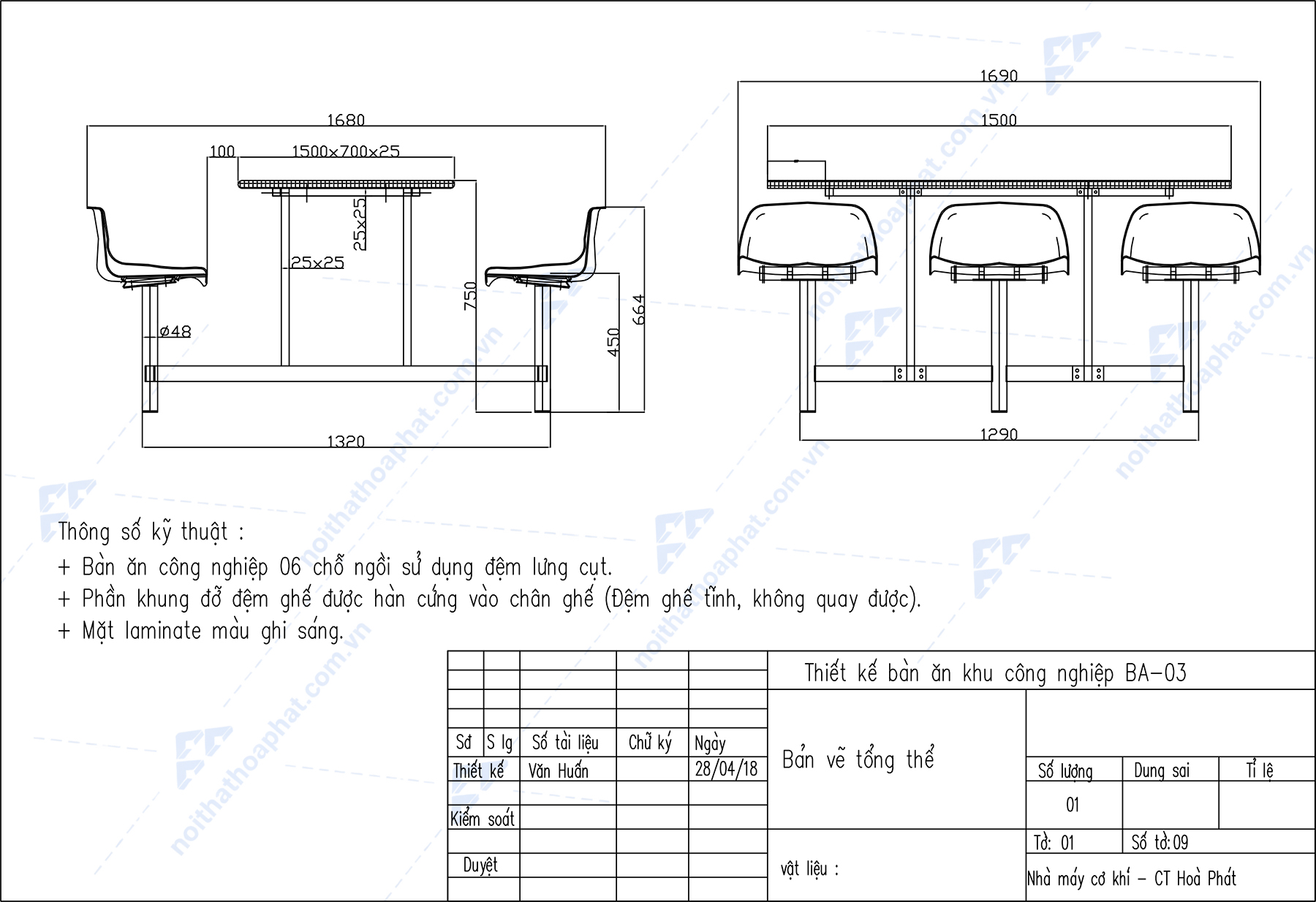 Bản Vẽ Thiết Kế B&agrave;n Ghế Ăn BA03 H&ograve;a Ph&aacute;t 6 Chỗ