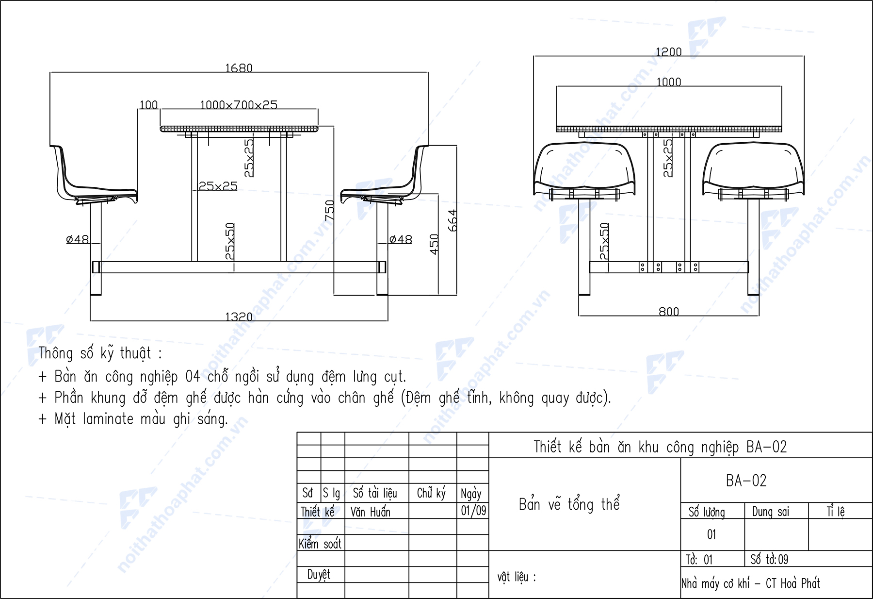 Bản Vẽ Thiết Kế B&agrave;n Ghế Ăn C&ocirc;ng Nh&acirc;n BA02 H&ograve;a Ph&aacute;t