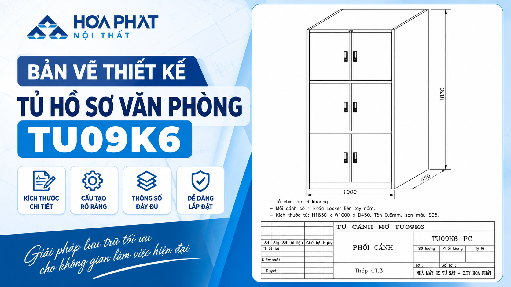 Bản Vẽ Kỹ Thuật Tủ Sắt 6 Khoang TU09K6 Hòa Phát