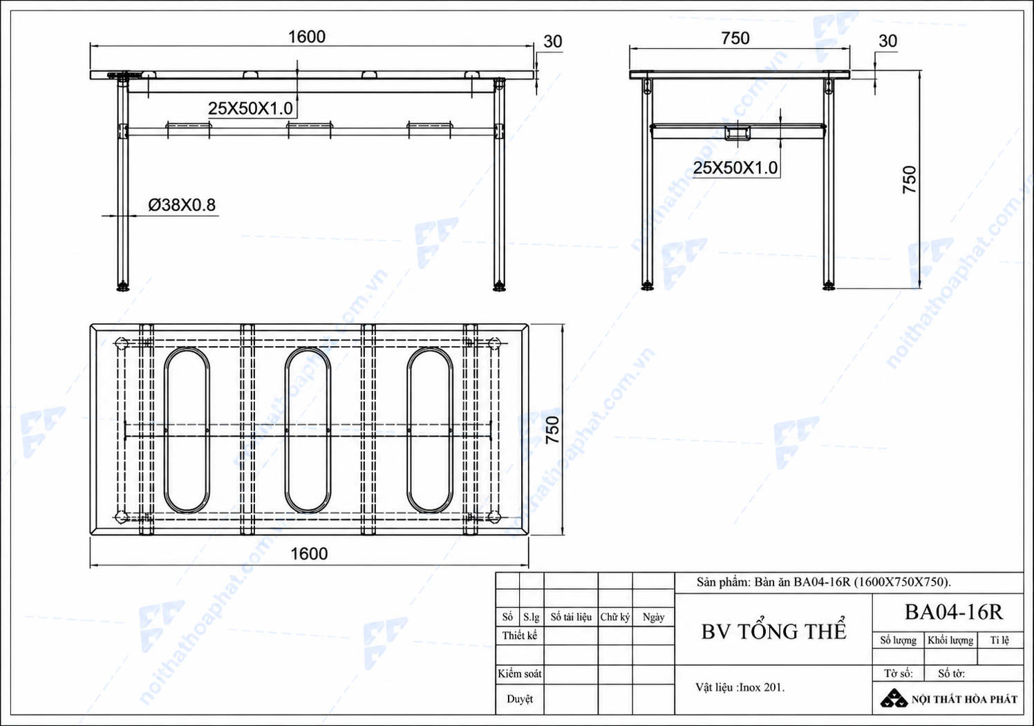 Bản vẽ tổng thể b&agrave;n ăn inox 1m6 BA04-16R H&ograve;a Ph&aacute;t