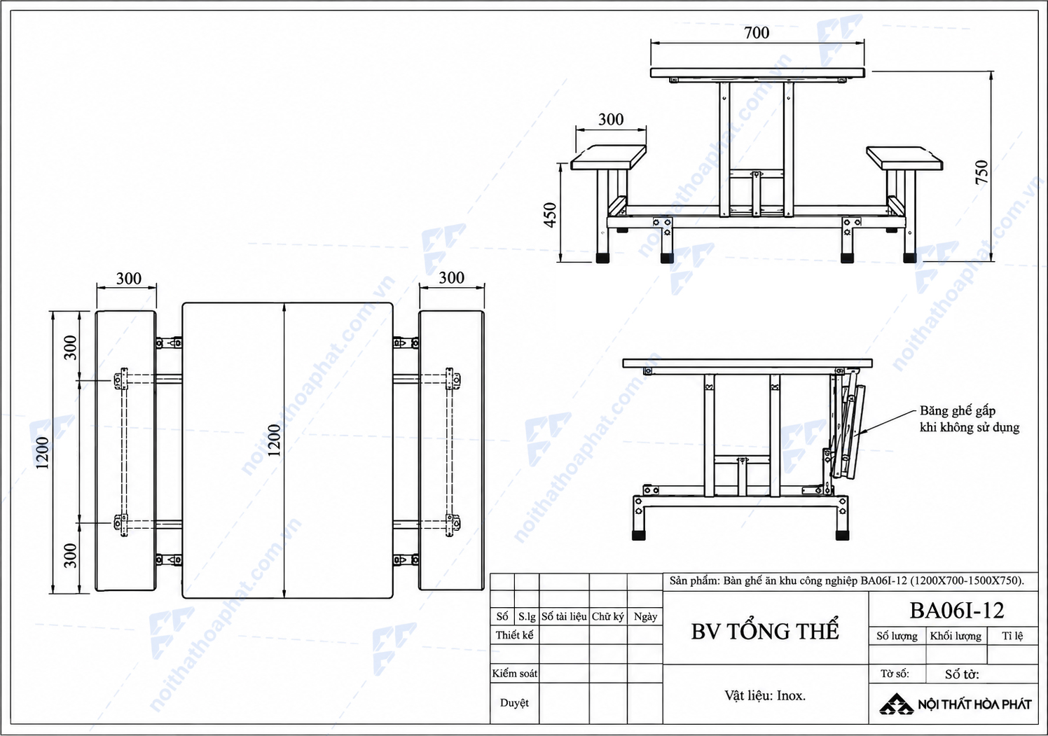 Bản Vẽ Tổng Thể Bàn Ghế Ăn Inox BA06I-12 Hòa Phát