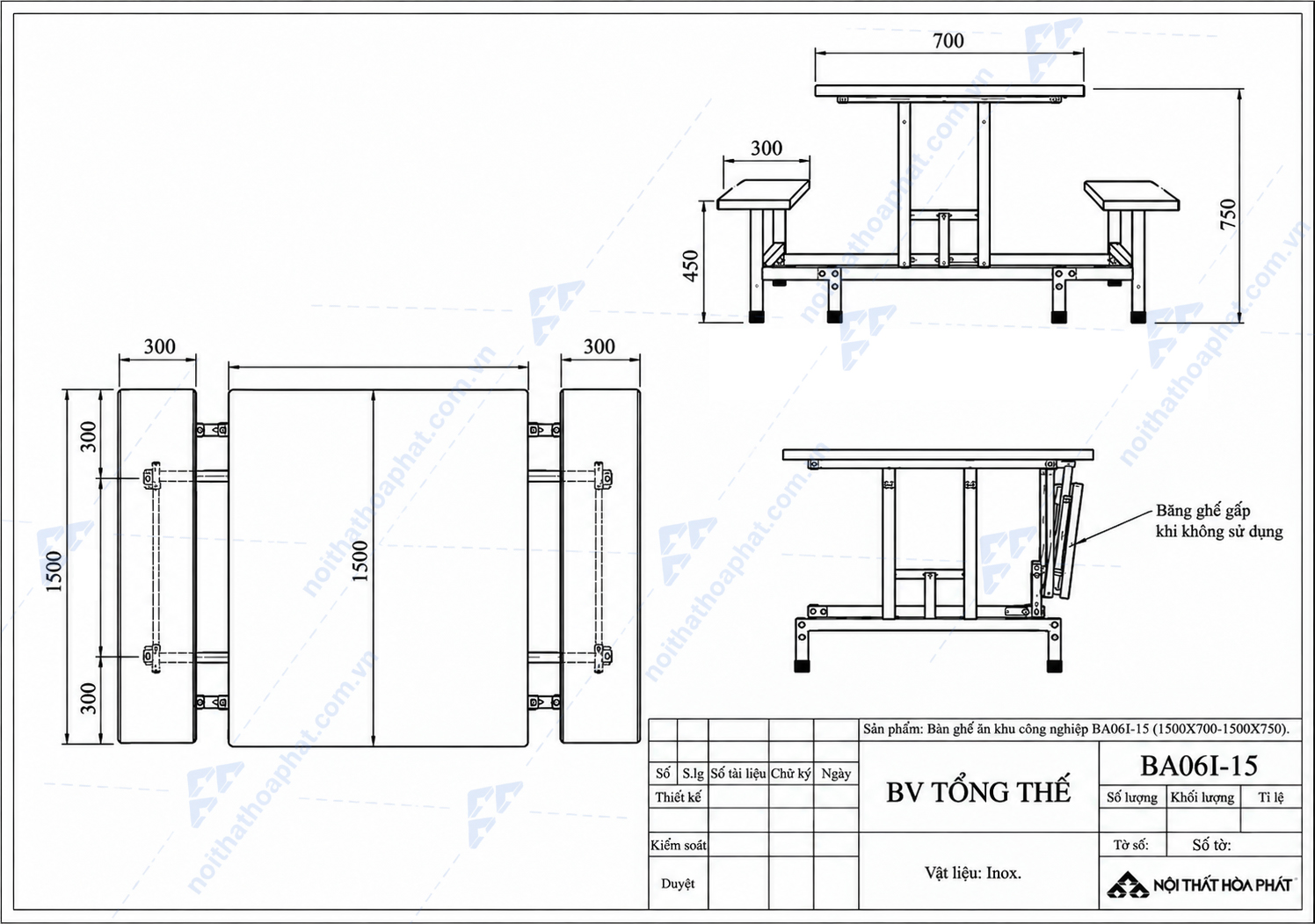 Bản Vẽ Tổng Thể B&agrave;n Ghế Ăn Inox BA06I-15 H&ograve;a Ph&aacute;t