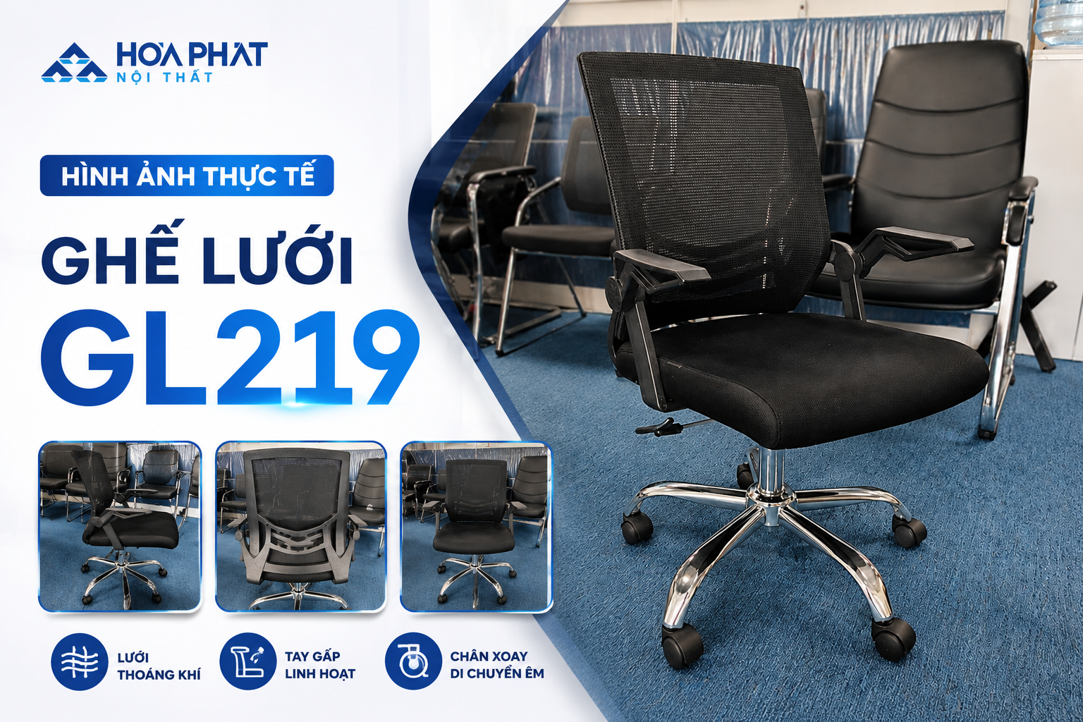 H&igrave;nh ảnh thực tế ghế lưới nh&acirc;n vi&ecirc;n GL219 H&ograve;a Ph&aacute;t
