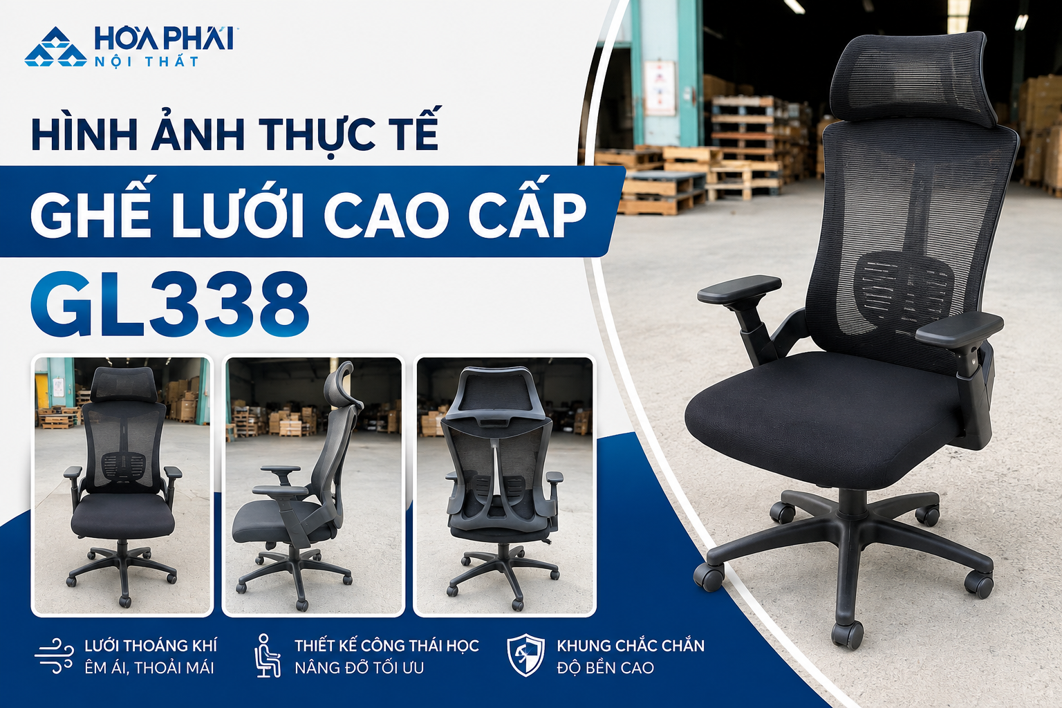 H&igrave;nh ảnh thực tế Ghế lưới cao cấp GL338 H&ograve;a Ph&aacute;t