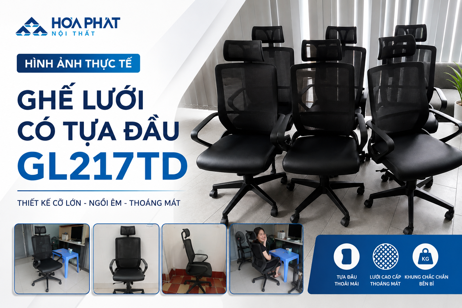 H&igrave;nh ảnh thực tế ghế lưới c&oacute; tựa đầu GL217TD