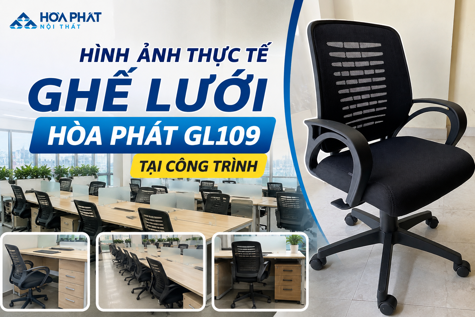 H&igrave;nh ảnh thực tế ghế lưới H&ograve;a Ph&aacute;t GL109 tại c&ocirc;ng tr&igrave;nh