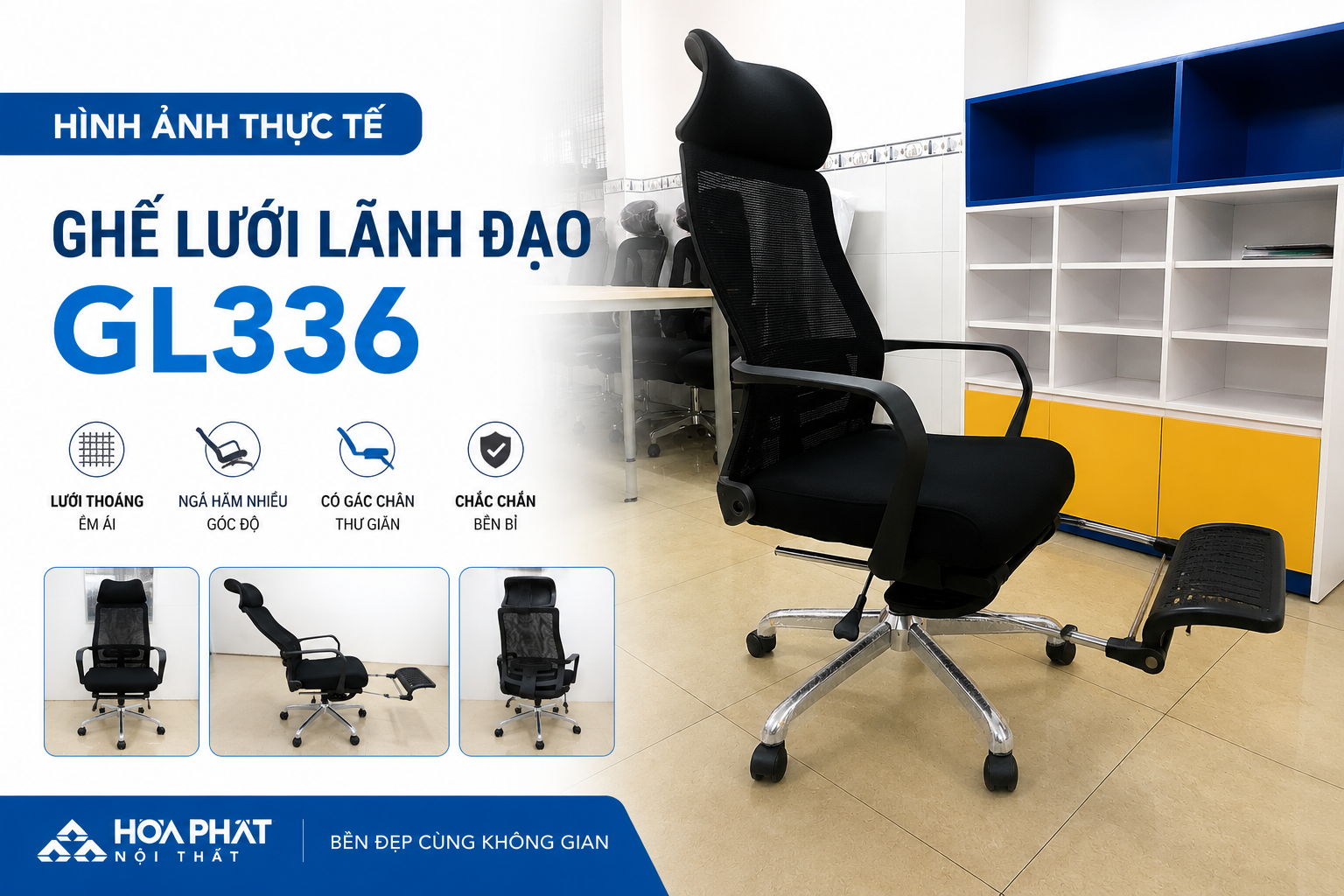 H&igrave;nh ảnh thực tế Ghế lưới l&atilde;nh đạo H&ograve;a Ph&aacute;t GL336