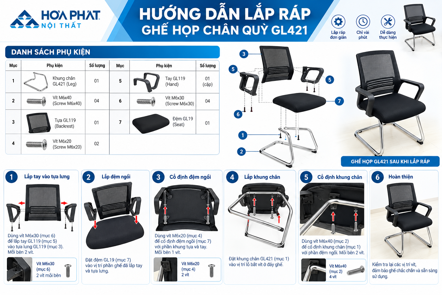 Hướng Dẫn Lắp R&aacute;p Ghế Họp Ch&acirc;n Quỳ GL421 H&ograve;a Ph&aacute;t