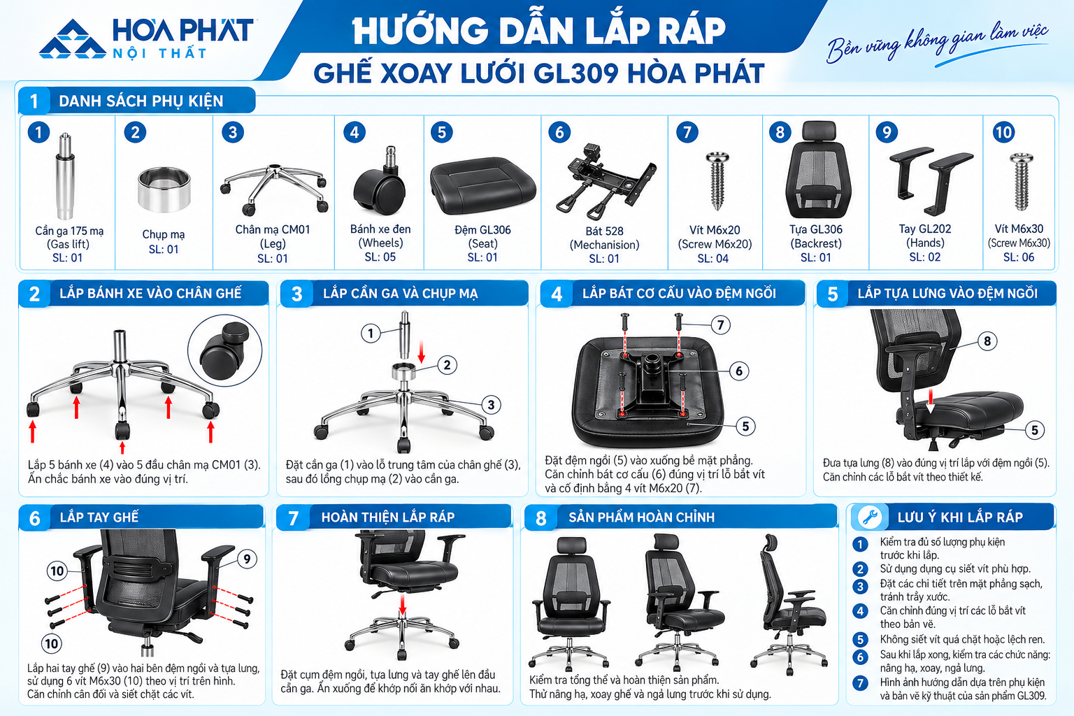 Hướng Dẫn Lắp R&aacute;p Ghế Xoay Lưới GL309 H&ograve;a Ph&aacute;t Chi Tiết
